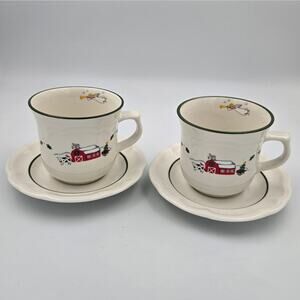 Two Pfaltzgraff Christmas Snow Village Stoneware Cup and Saucer Sets
